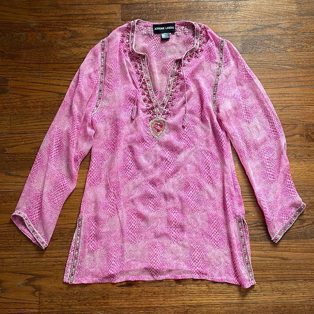 Adrienne Landau Pink and White Silk Tunic Top